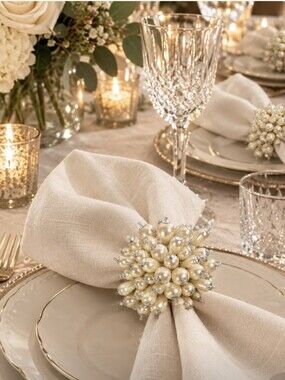 Starburst Pearl Cluster Napkin Rings Gold Tone Cream Beaded Set of 6